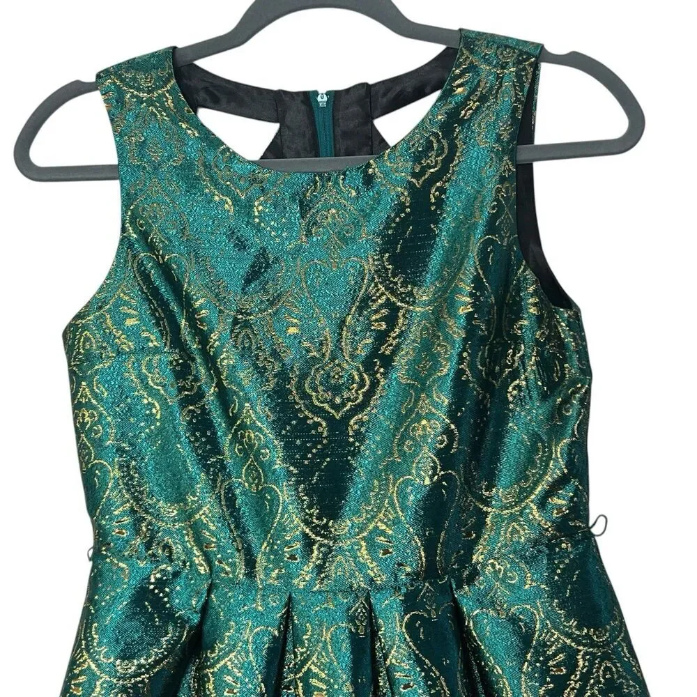 The Children’s Place Girls Dress Size 14 Teal Green Gold Brocade Party Holiday